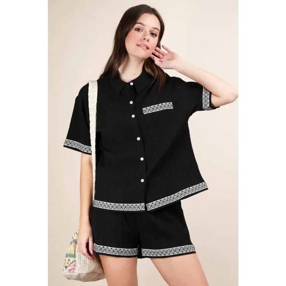 VERY J Crinkled Woven Shirt Top & Shorts Set
